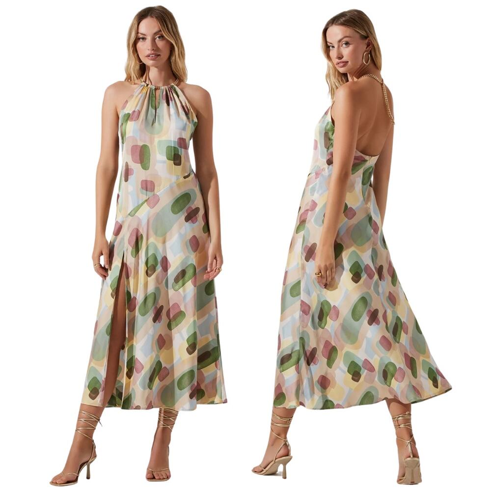 ASTR the Label Kazia Geo Print Halter Chain Strap Midi Dress Party Cocktail XL